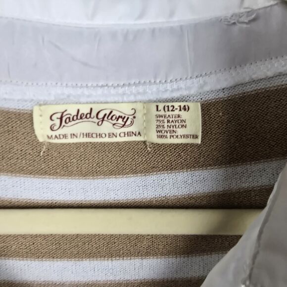 Faded Glory Shirt Sweater Tunic Top L Taupe White Striped Collared Preppy Modern - Picture 5 of 15